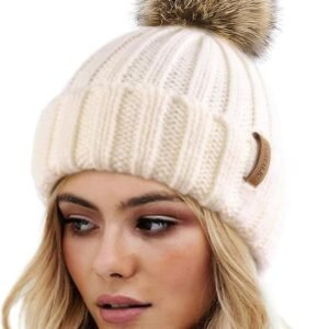 Womens Winter Knitted Beanie Hat with Faux Fur Pom Warm Knit Skull Cap Beanie for Women