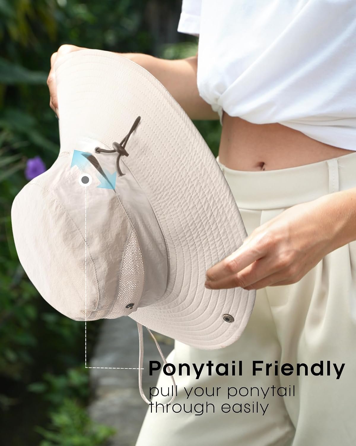 Womens Sun Hat with Ponytail Hole Beach Hiking Summer Wide Brim UPF 50+ Outdoor Protection Foldable Bucket Hat - Image 5
