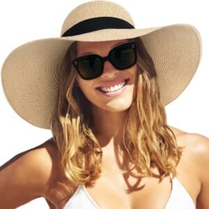 Womens Sun Straw Hat Wide Brim Summer Hat Foldable Packable Floppy Beach Hats for Women