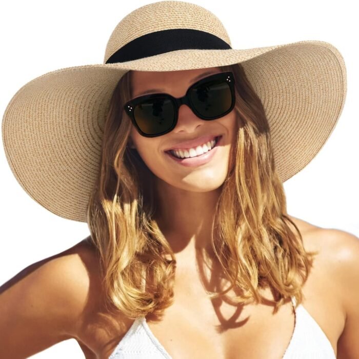 Womens Sun Straw Hat Wide Brim Summer Hat Foldable Packable Floppy Beach Hats for Women