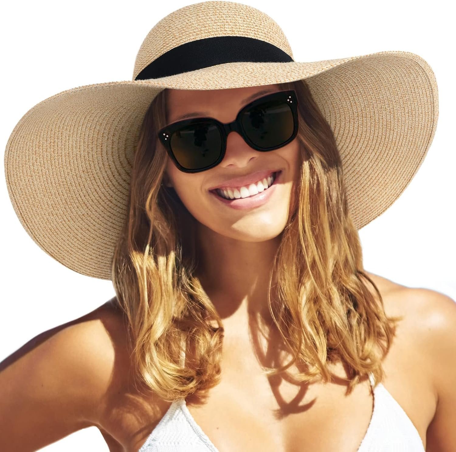 Womens Sun Straw Hat Wide Brim Summer Hat Foldable Packable Floppy Beach Hats for Women