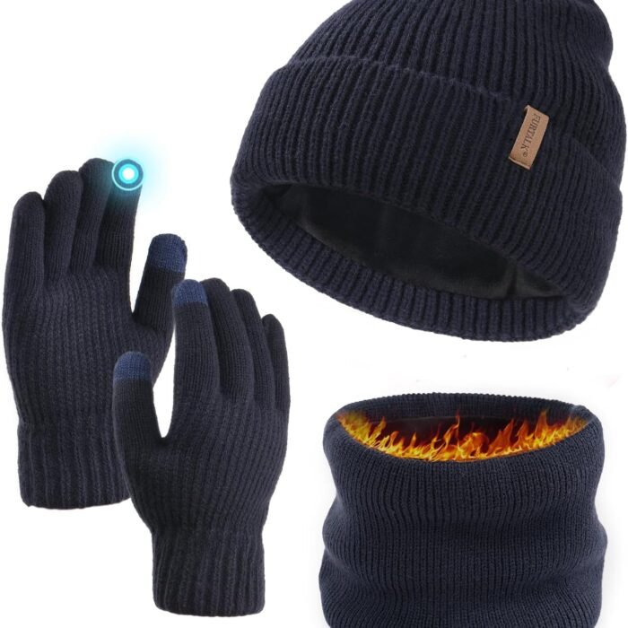 Winter Knit Beanie Hat Sacrf Touch Screen Gloves Set Soft Fleece Lining Warm Beanie Unisex Winter Set