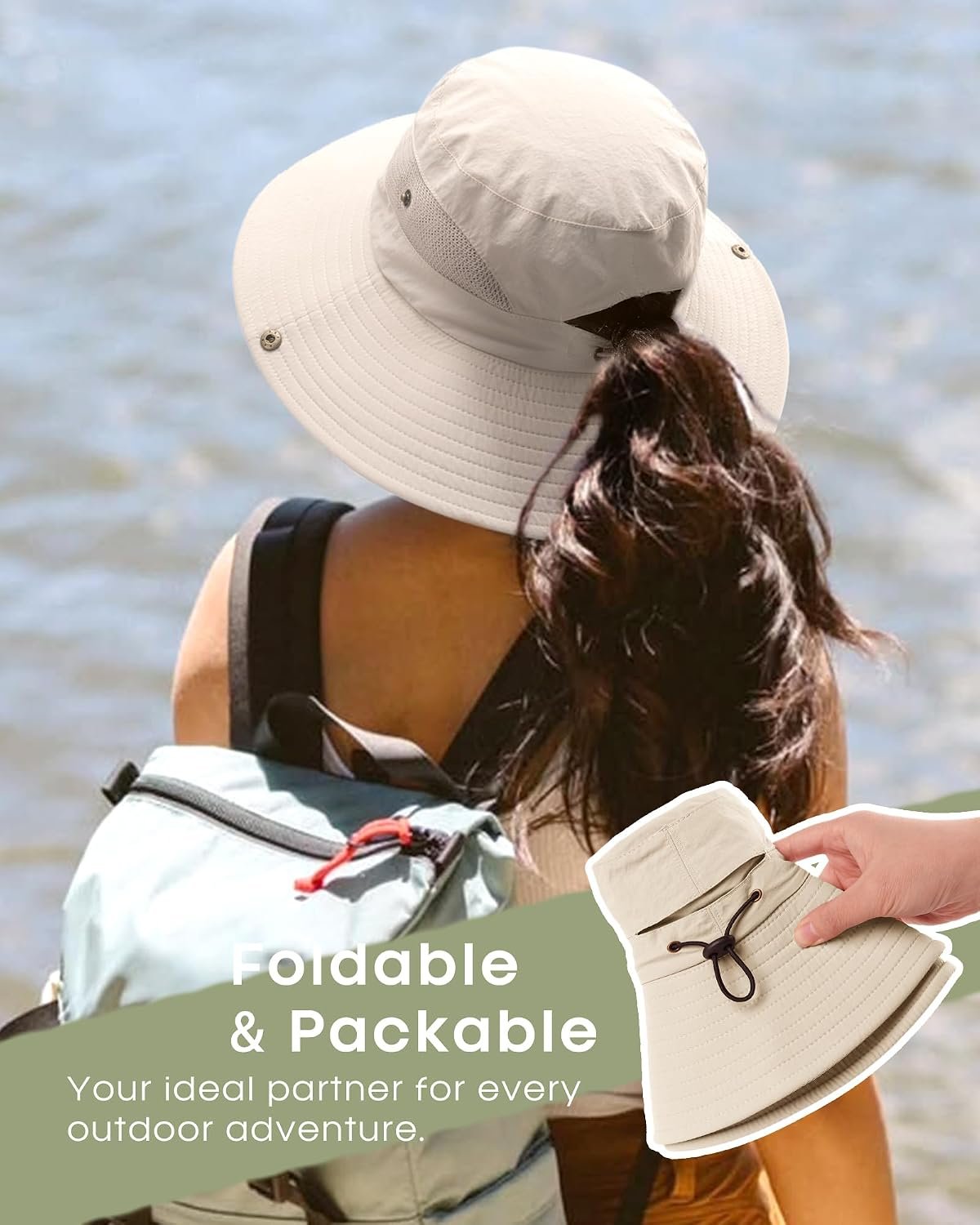 Womens Sun Hat with Ponytail Hole Beach Hiking Summer Wide Brim UPF 50+ Outdoor Protection Foldable Bucket Hat - Image 4