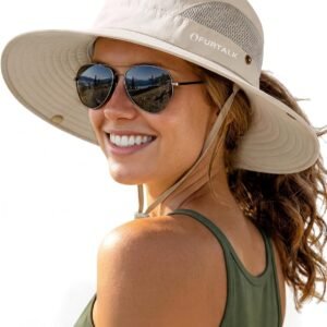 Womens Sun Hat with Ponytail Hole Beach Hiking Summer Wide Brim UPF 50+ Outdoor Protection Foldable Bucket Hat