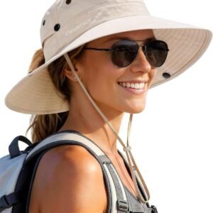 Sun Hats for Women with Ponytail Hole Wide Brim Beach Bucket Hat UPF 50+ Fishing Hiking Outdoor Hats