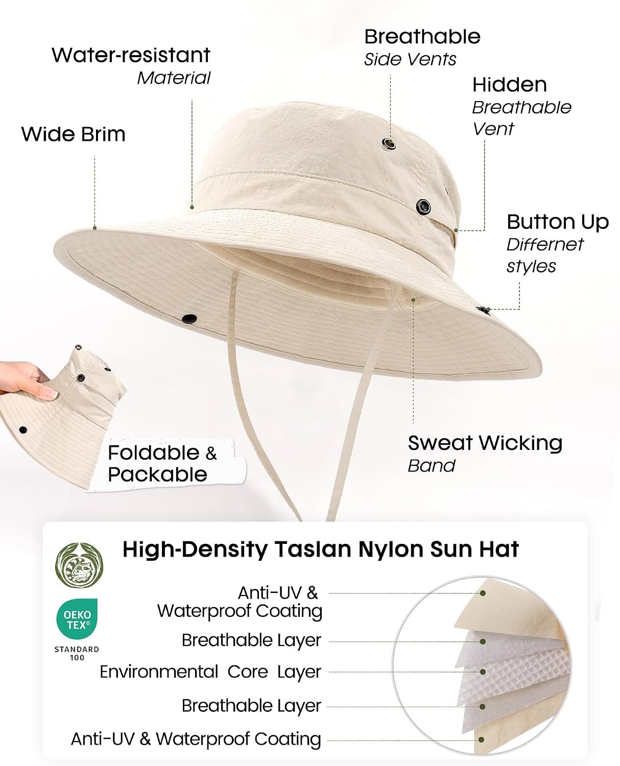 Sun Hats for Women with Ponytail Hole Wide Brim Beach Bucket Hat UPF 50+ Fishing Hiking Outdoor Hats - Image 4