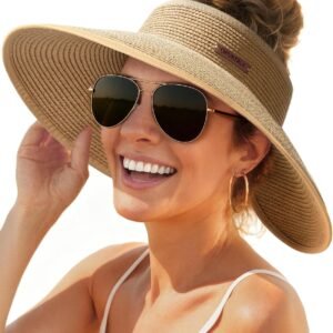 Sun Hats for Women Wide Brim Beach Hat Straw Visor Ponytail Summer UV Packable Foldable Beach Vacation Essentials