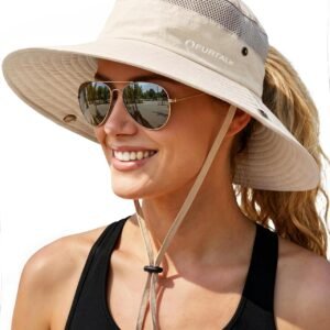 Sun Hats for Women with Ponytail Hole Hiking Summer Wide Brim Outdoor UV Protection Bucket Safari Hat