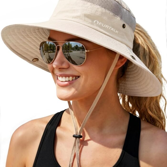 Sun Hats for Women with Ponytail Hole Hiking Summer Wide Brim Outdoor UV Protection Bucket Safari Hat