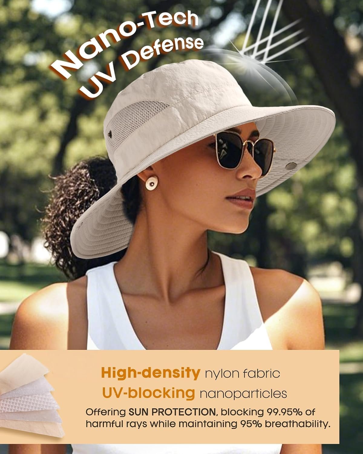 Womens Sun Hat with Ponytail Hole Beach Hiking Summer Wide Brim UPF 50+ Outdoor Protection Foldable Bucket Hat - Image 2