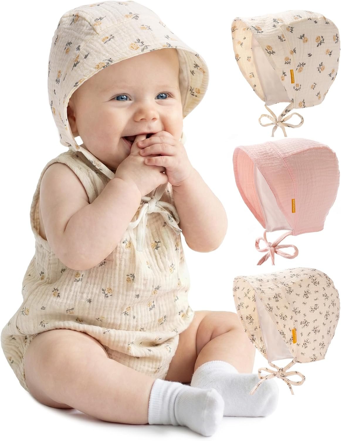 Baby Bonnet Muslin Cotton Soft Adjustable Chin Strap for Infant Boys Girls