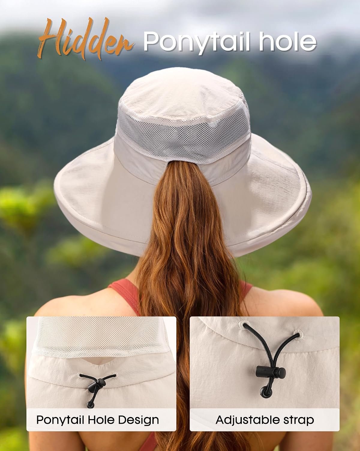 Wide Brim Sun Hat with Ponytail Hole for Women UPF 80+ UV Protection Packable Bucket Hiking Travel Outdoor Hat - Image 3