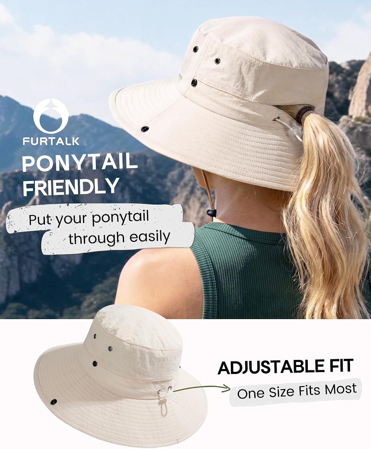 Sun Hats for Women with Ponytail Hole Wide Brim Beach Bucket Hat UPF 50+ Fishing Hiking Outdoor Hats - Image 3