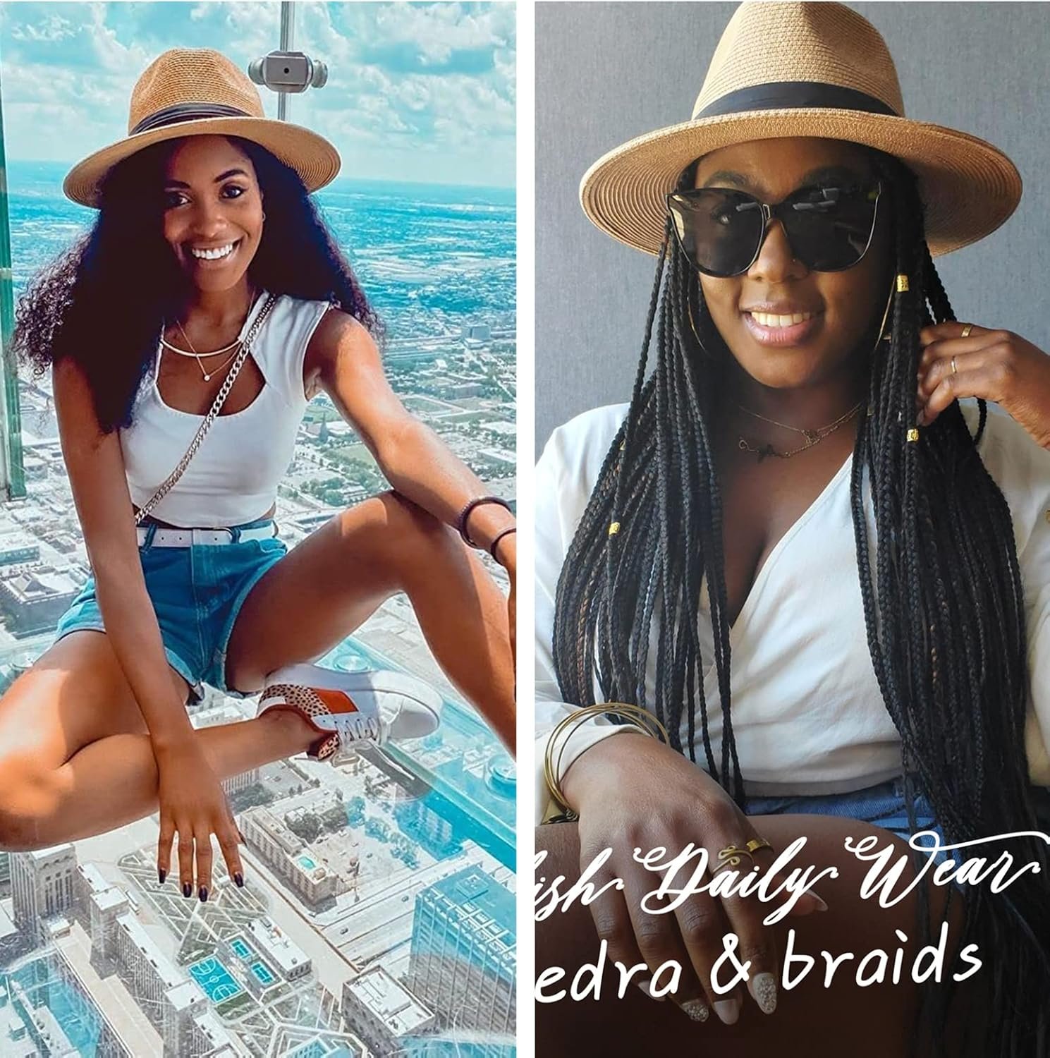 Womens Mens Wide Brim Straw Panama Hat Fedora Summer Beach Sun Hats UPF Straw Hat for Women - Image 7