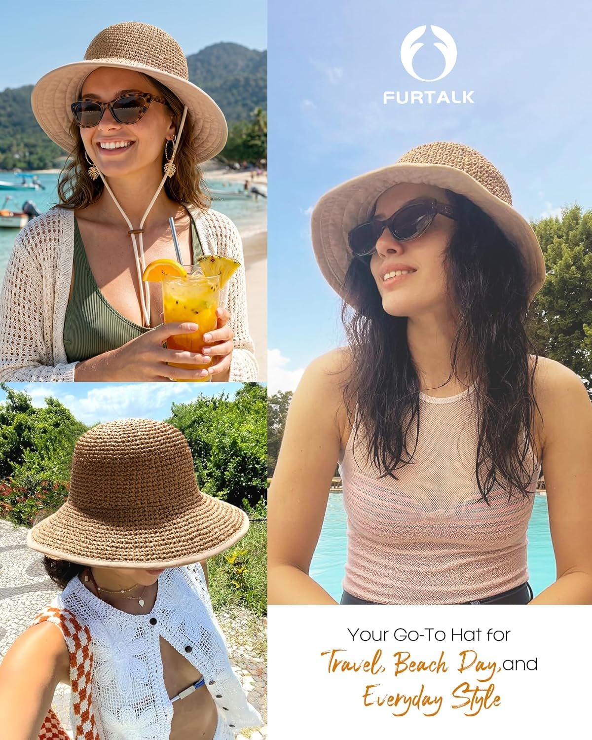 Summer Straw Beach Sun Hats for Women UPF 50 Floppy Wide Brim Travel Bucket Hat Foldable Packable - Image 4
