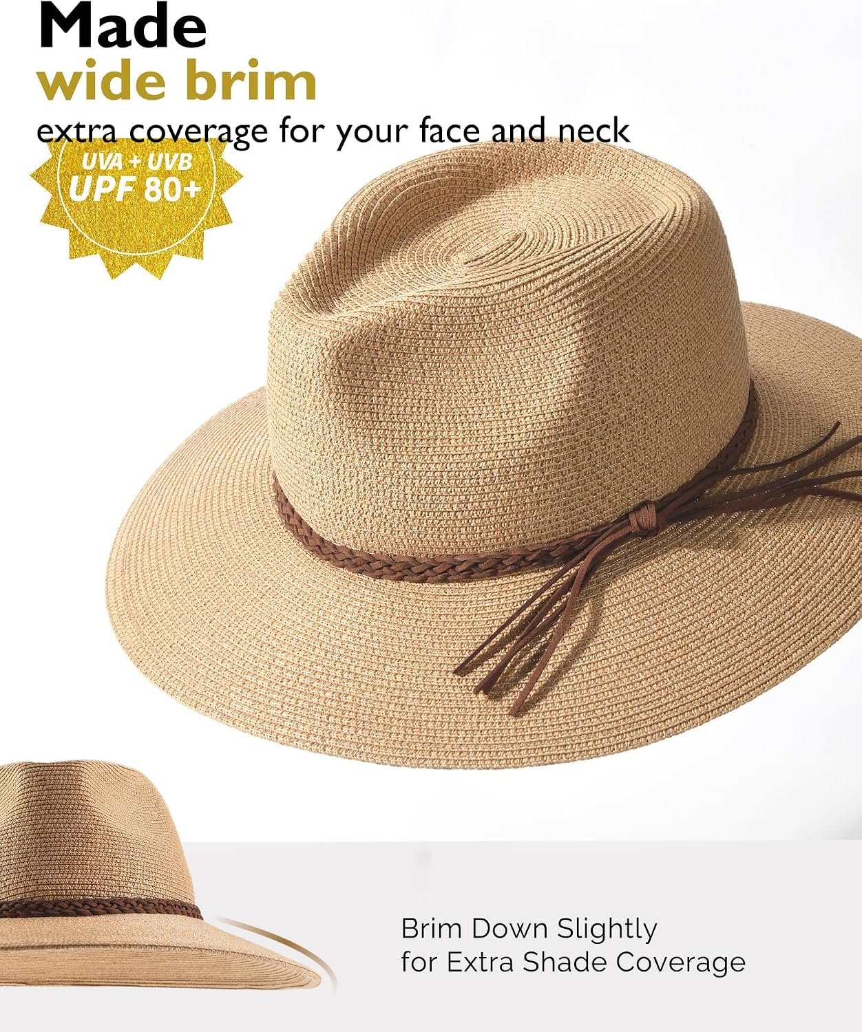 Womens Wide Brim Sun Hat Beach Panama Fedora Straw Summer | Packable for Travel, Braided Strap Decor, Adjustable Chin Cord, Breathable Sweatband, Ideal for Summer Vacations - Image 2