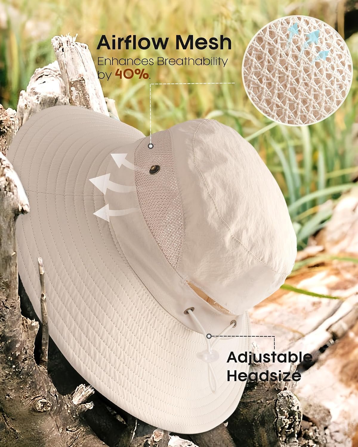 Womens Sun Hat with Ponytail Hole Beach Hiking Summer Wide Brim UPF 50+ Outdoor Protection Foldable Bucket Hat - Image 7