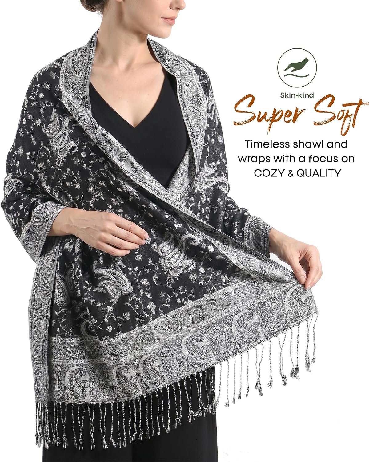 Reversible Paisley Pashmina Shawl Wraps for Women Soft Exotic Indian Rave Scarf for Evening Dress Festival Scarves - Image 2