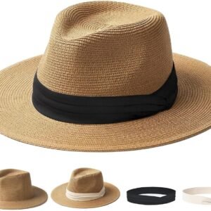 Sun Hat Wide Brim Straw Fedora Panama Beach for Men Women | Foldable & Packable for Travel, Breathable Sweatband, Adjustable Chin Strap, Ideal for Summer Boating, Gardening or Holidays
