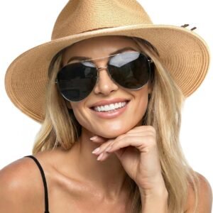 Womens Wide Brim Sun Hat Beach Panama Fedora Straw Summer | Packable for Travel, Braided Strap Decor, Adjustable Chin Cord, Breathable Sweatband, Ideal for Summer Vacations