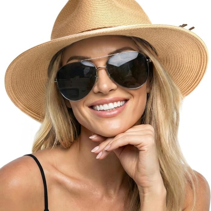Womens Wide Brim Sun Hat Beach Panama Fedora Straw Summer | Packable for Travel, Braided Strap Decor, Adjustable Chin Cord, Breathable Sweatband, Ideal for Summer Vacations