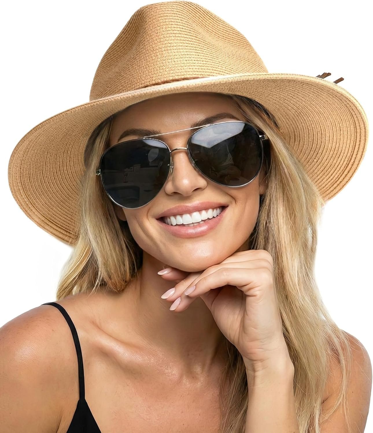 Womens Wide Brim Sun Hat Beach Panama Fedora Straw Summer | Packable for Travel, Braided Strap Decor, Adjustable Chin Cord, Breathable Sweatband, Ideal for Summer Vacations