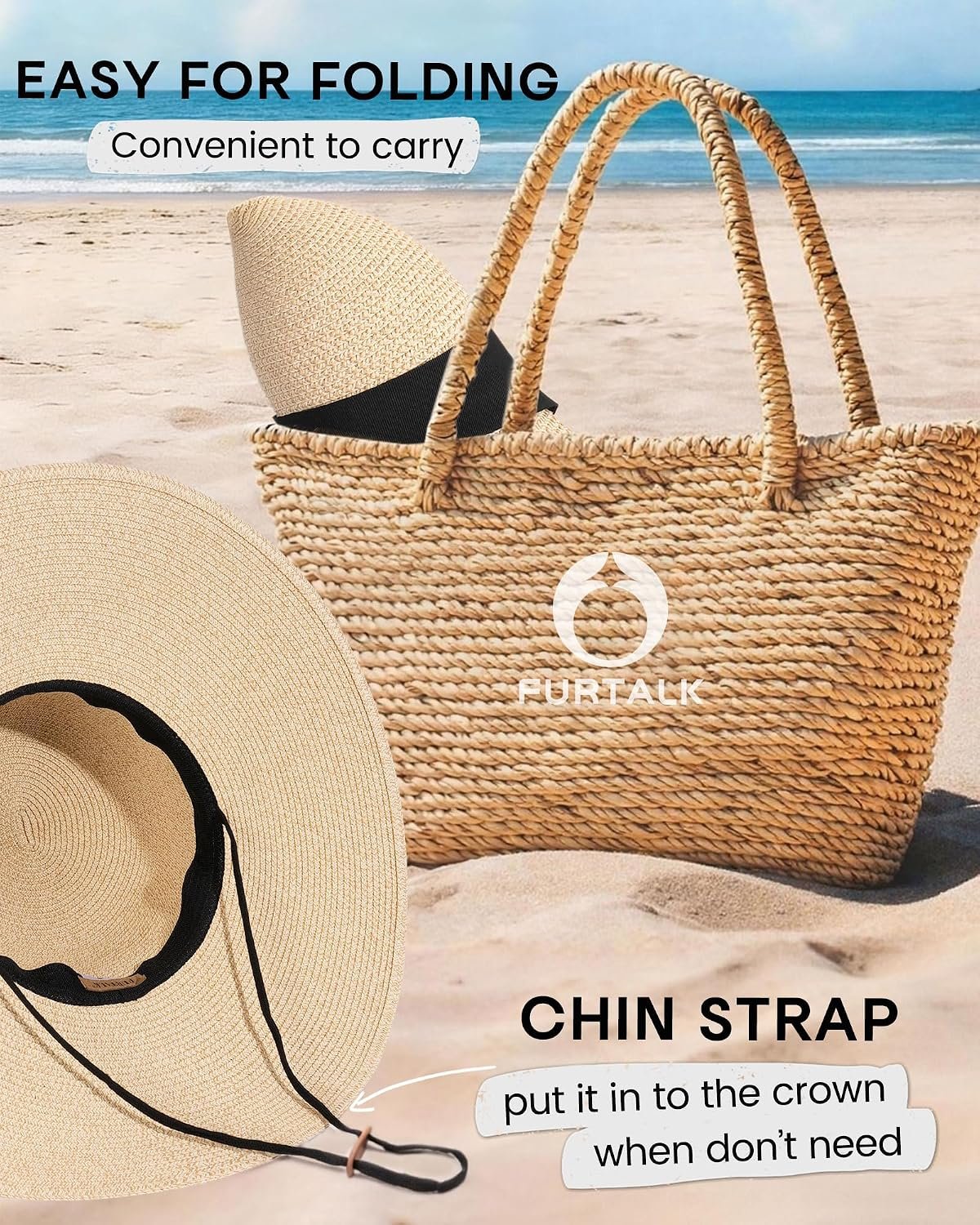 Womens Sun Straw Hat Wide Brim Summer Hat Foldable Packable Floppy Beach Hats for Women - Image 4