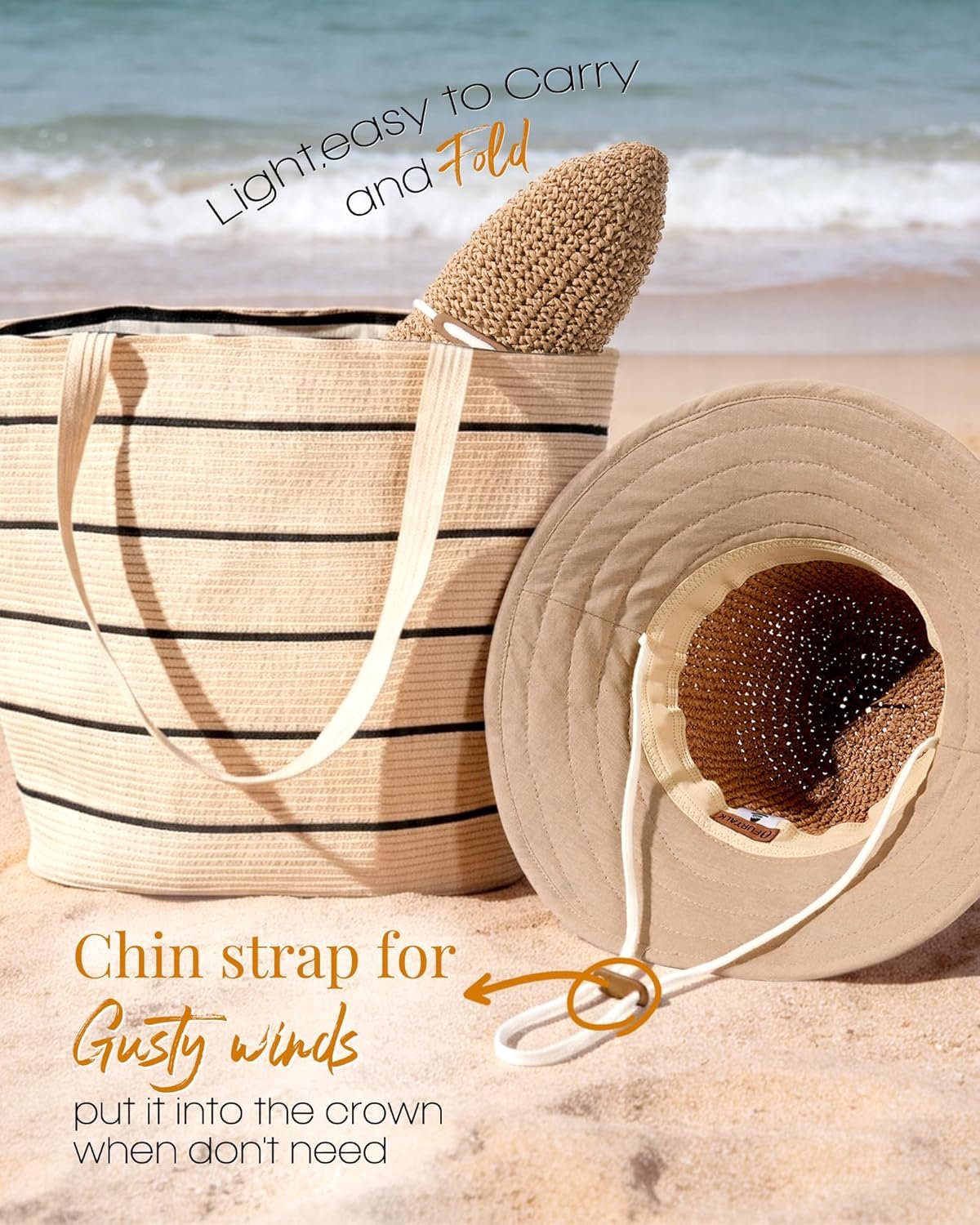 Summer Straw Beach Sun Hats for Women UPF 50 Floppy Wide Brim Travel Bucket Hat Foldable Packable - Image 5