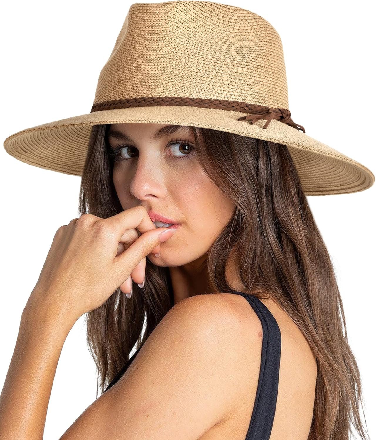 Womens Wide Brim Sun Hat Beach Panama Fedora Straw Summer | Packable for Travel, Braided Strap Decor, Adjustable Chin Cord, Breathable Sweatband, Ideal for Summer Vacations - Image 7