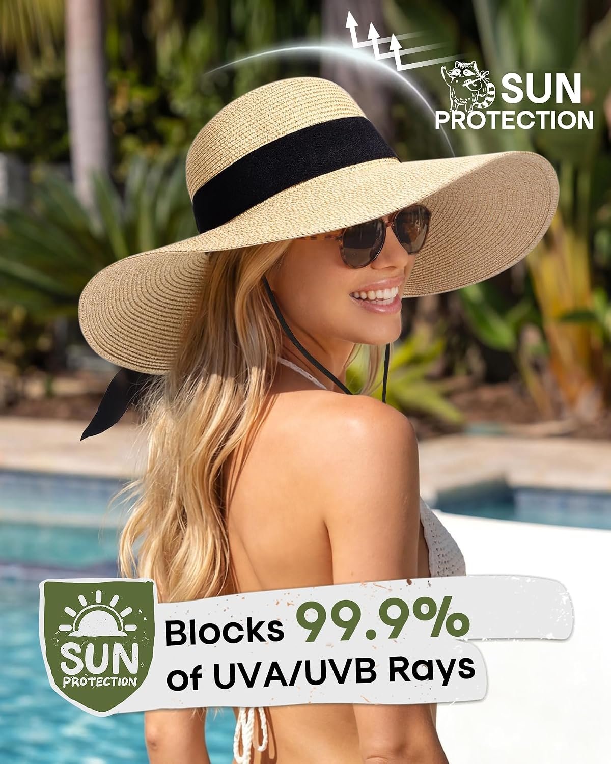 Womens Sun Straw Hat Wide Brim Summer Hat Foldable Packable Floppy Beach Hats for Women - Image 2