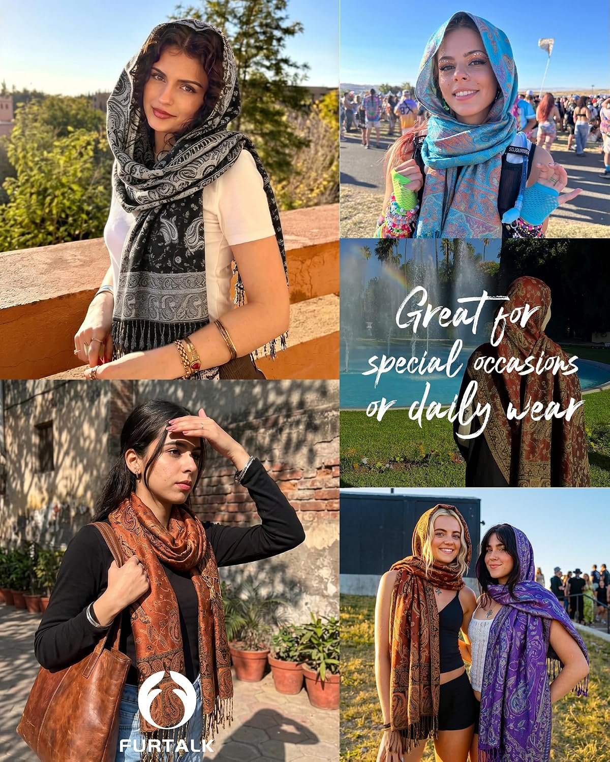 Reversible Paisley Pashmina Shawl Wraps for Women Soft Exotic Indian Rave Scarf for Evening Dress Festival Scarves - Image 6