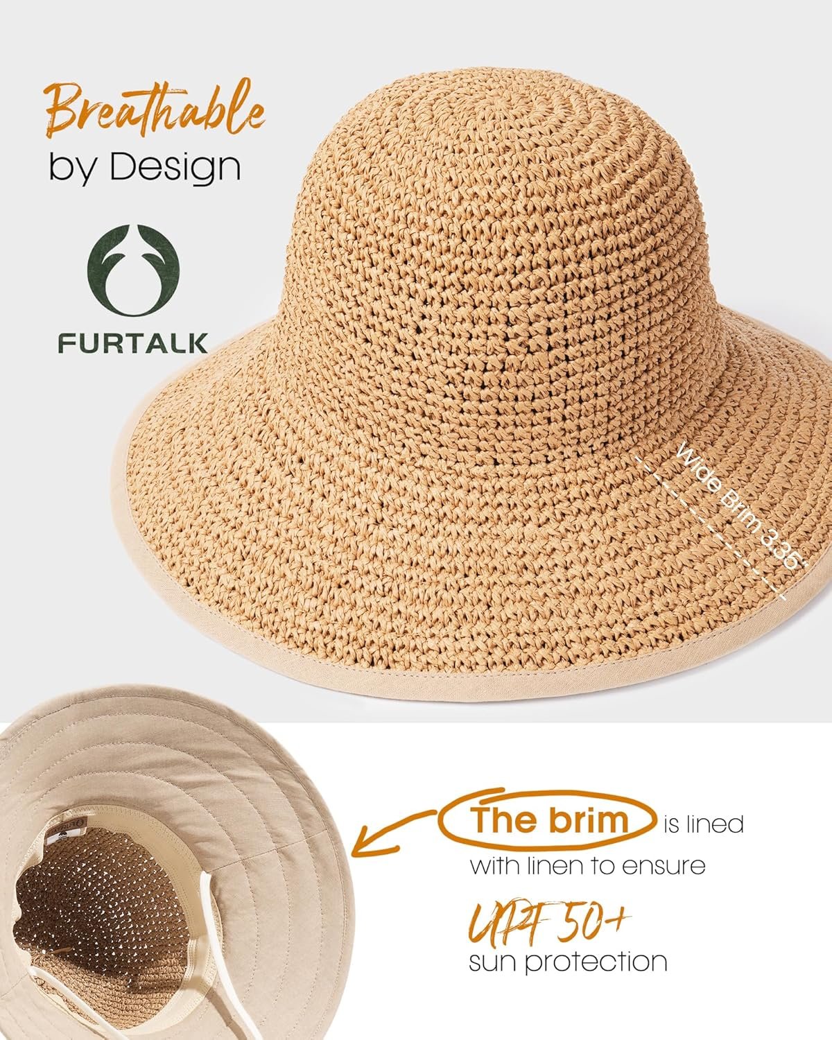 Summer Straw Beach Sun Hats for Women UPF 50 Floppy Wide Brim Travel Bucket Hat Foldable Packable - Image 2