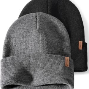Mens Womens Cuffed Beanie 2 Pack Winter Warm Knit Skull Hats | Double-Layered 100% Acrylic, Ultra-Soft Non-Scratchy Feel, Ideal for Outdoor Skiing & Daily Wear