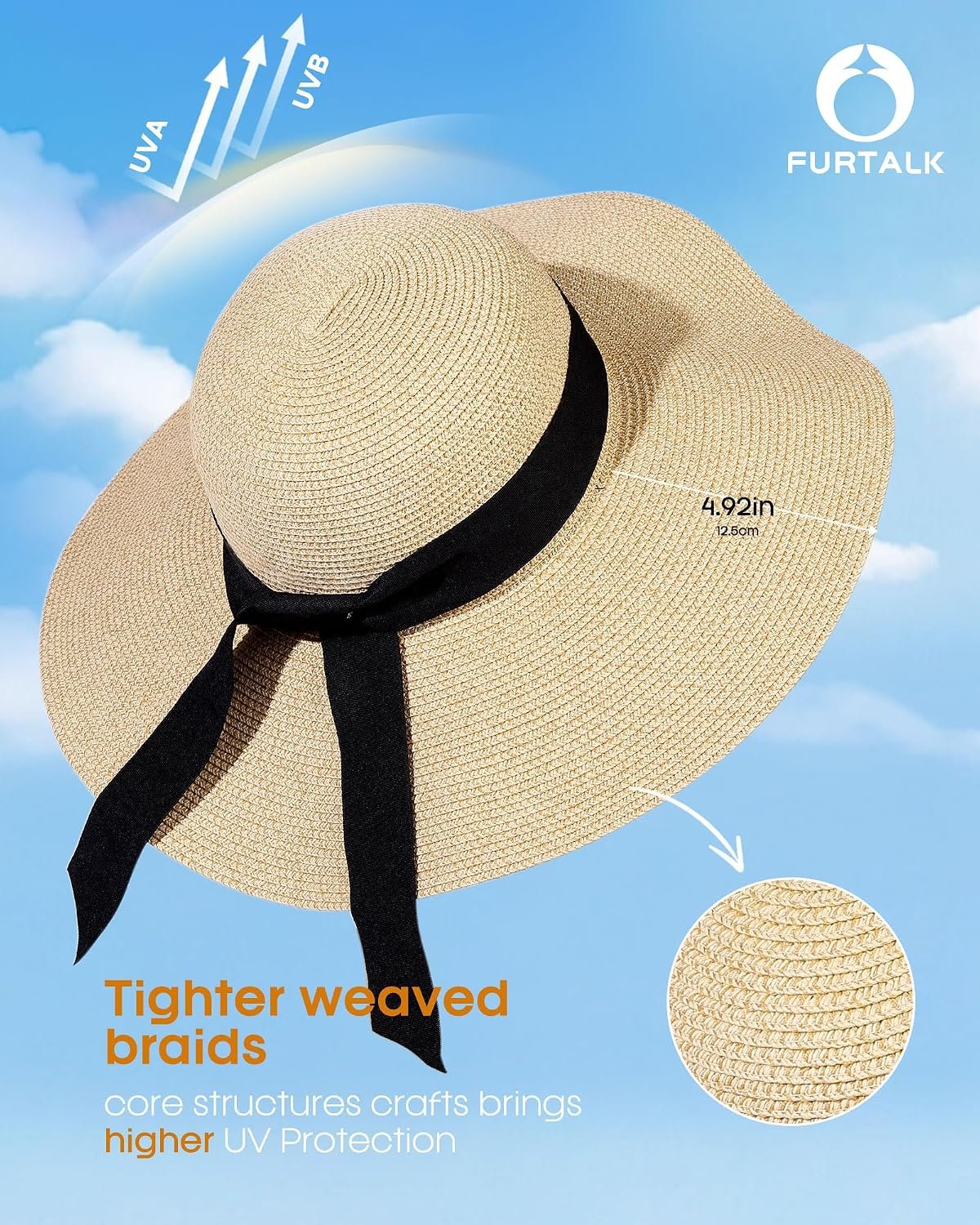 Womens Sun Straw Hat Wide Brim Summer Hat Foldable Packable Floppy Beach Hats for Women - Image 3